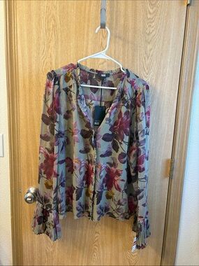 PAIGE Olive Blouse with Pink and Purple Floral Print